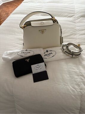 Prada Cream Saffiano Shoulder Bag with Gold Hardware and Wallet
